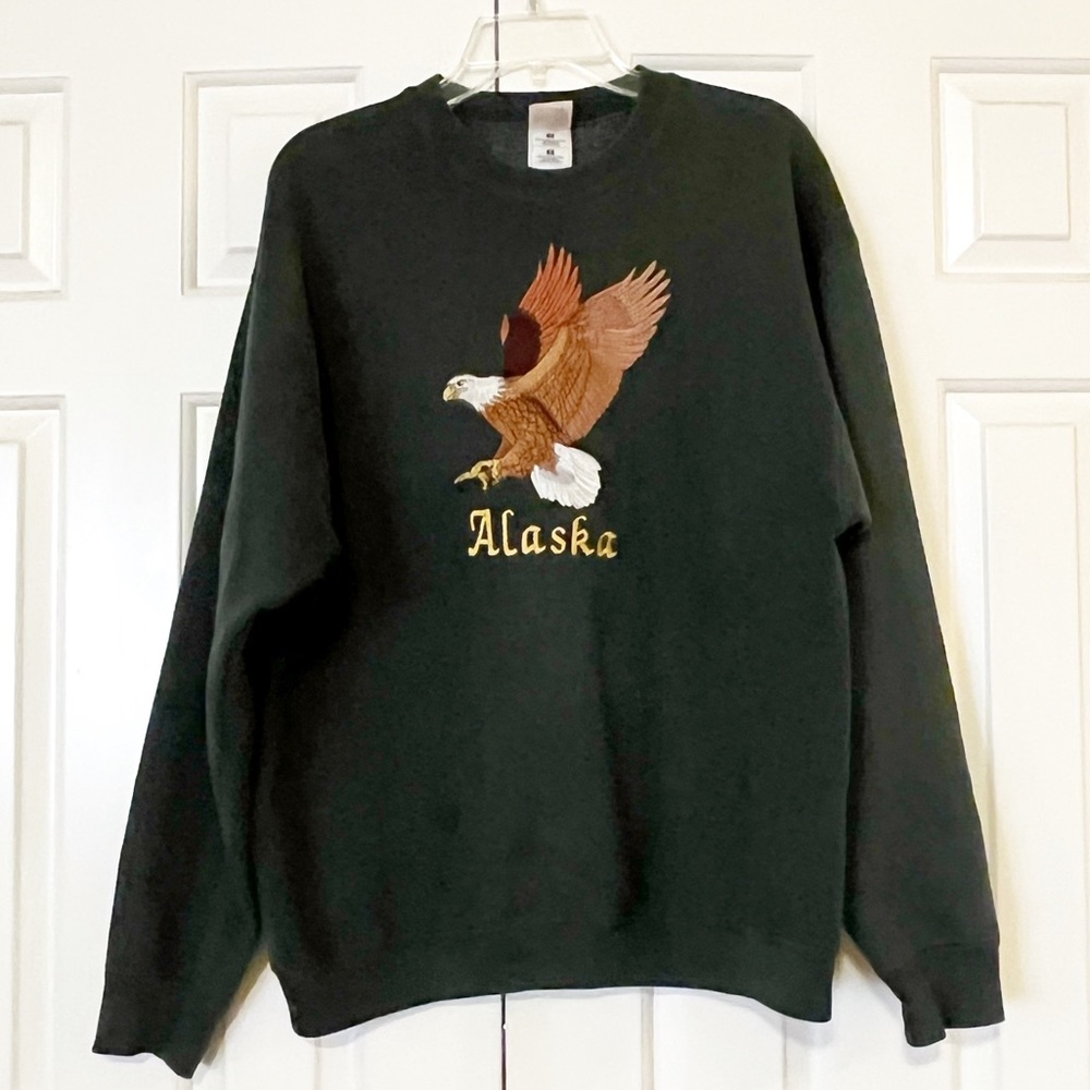 90s VTG Alaska Embroidered Bald Eagle green fleece sweatshirt size L